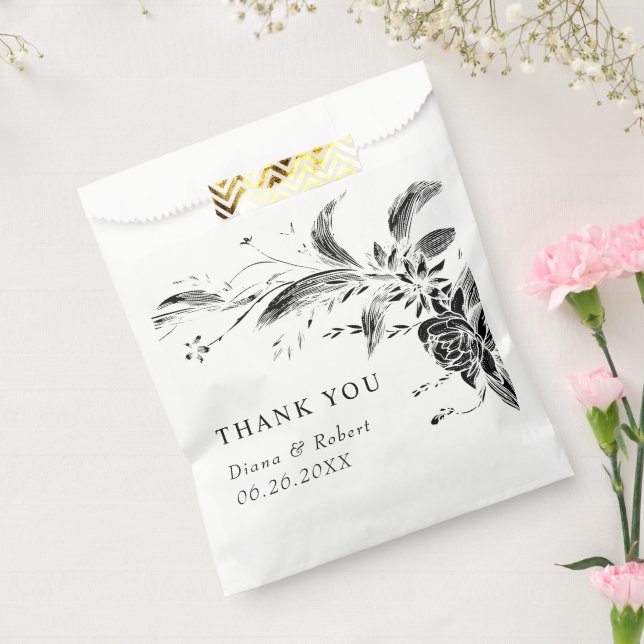 Sacolinha Elegantes flores pretas e brancas Obrigado casamen (Selado)