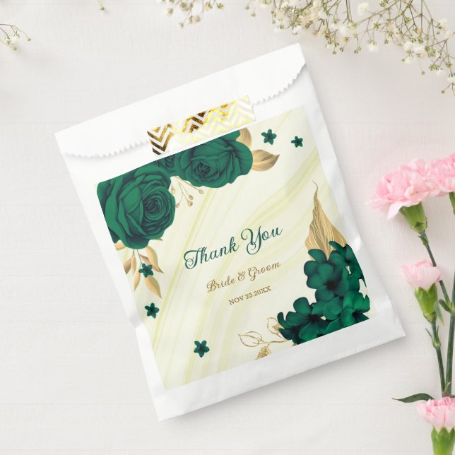 Sacolinha esmeralda flores verdes ouro folhas mármore (Selado)
