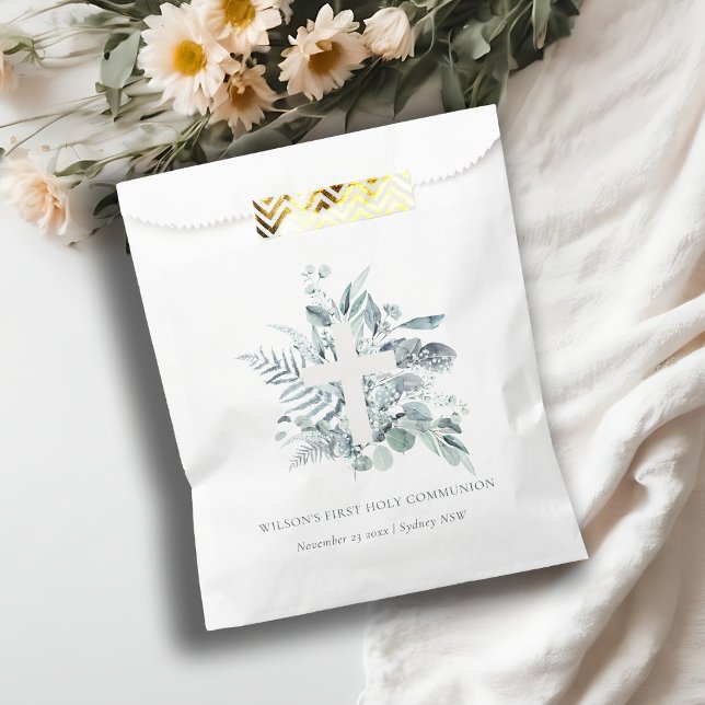 Sacolinha Eucalyptus Fern Foliage Cross Primeira Comunhão Sa (Criador carregado)