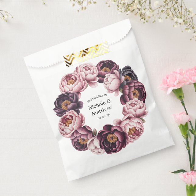 Sacolinha Favor do Casamento de Blush e Plum Peony Wreath (Selado)