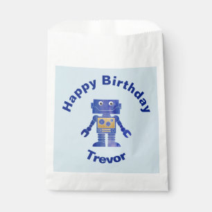 Sacolinha Feliz aniversário Azul e Robô Dourado com nome