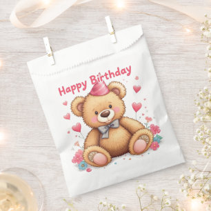 Sacolinha Feliz Aniversário Urso Teddy Fofo com Corações Ros