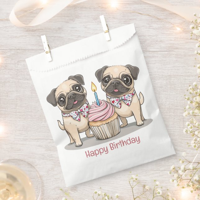 Sacolinha Feliz Cupcake de Cães Pug de Aniversário (Cortado)
