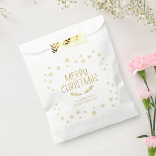 Sacolinha Feliz Natal Flocos de Neve Dourados Obrigado