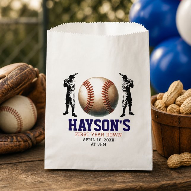 Sacolinha Festa de 1º Aniversário do First Year Down Basebal (First Year Down Baseball 1st Birthday Party Favor Bag)