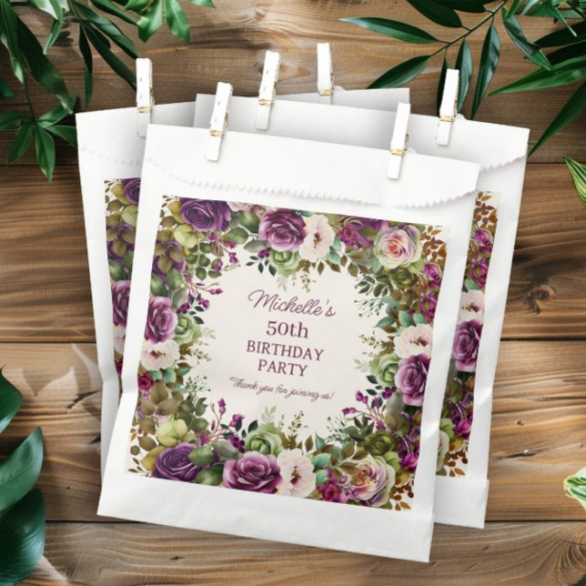 Sacolinha Festa de Aniversário com Flores Rosa Floral Roxa (Elegant purple and pink watercolor floral birthday party favor bags. )