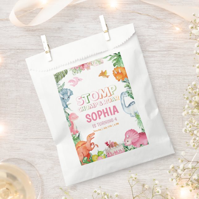 Sacolinha Festa de aniversário de Dinossauro Rosa, Festa de  (Cortado)