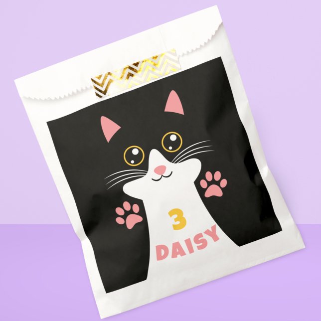 Sacolinha Festa de aniversário de Gatinho Gatinho (Cute kitty cat favor bag with custom name and age kid's birthday parties)