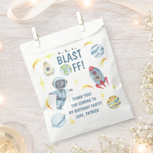 Sacolinha Festa de aniversário espacial astronauta Obrigado (Cortado)