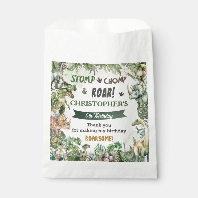 Sacolinha Festa de aniversário Verde Dinossauros Jurássico (Frente)