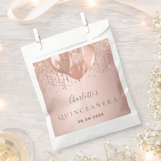 Sacolinha Festa de balões de ouro rosa de Quinceanera (Cortado)