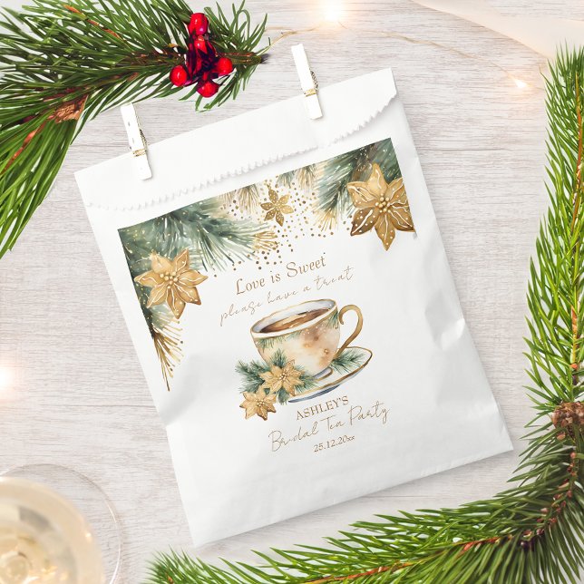 Sacolinha Festa de chá de chá de panela de inverno de Boho (Boho Christmas winter bridal shower tea party personalized Favor Bag pines gold poinsettia favor bag)