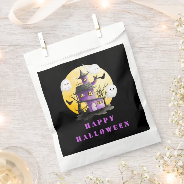 Sacolinha Festa de Halloween com Casa Assombrada e Fantasmas (Cortado)