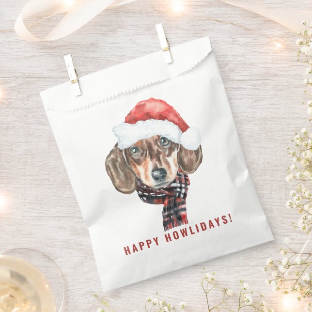 Sacolinha Festivo Aquarela Papais noeis Dachshund Natal (Cortado)
