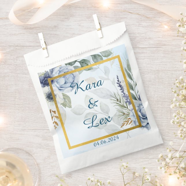 Sacolinha Flores Azuis Gordas com Quadro de Destaque Dourado (Cortado)