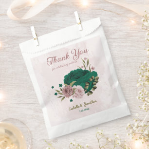 Sacolinha flores cor-de-rosa verde esmeralda casamento