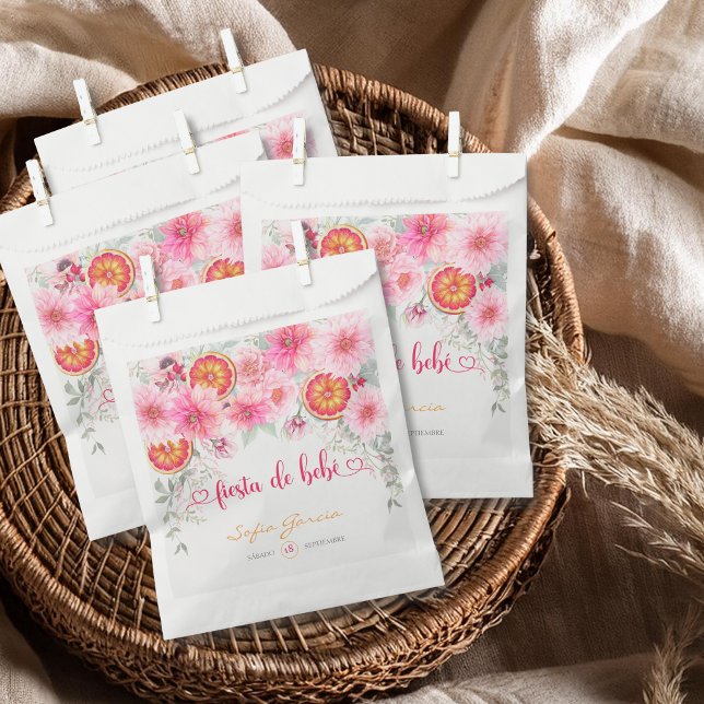 Sacolinha Flores de Aquarela Rosa Cítrico Churrasco de Bebê  (Citrus and pink watercolor flowers baby shower favor bags, party favors, girl baby shower)