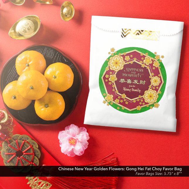 Sacolinha Flores de Ouro Chinesas de Ano Novo: Gong Hei Fat  (Chinese New Year Golden Flowers Favor Bag: Gong Hei Fat Choy, with Spring Green Background.)