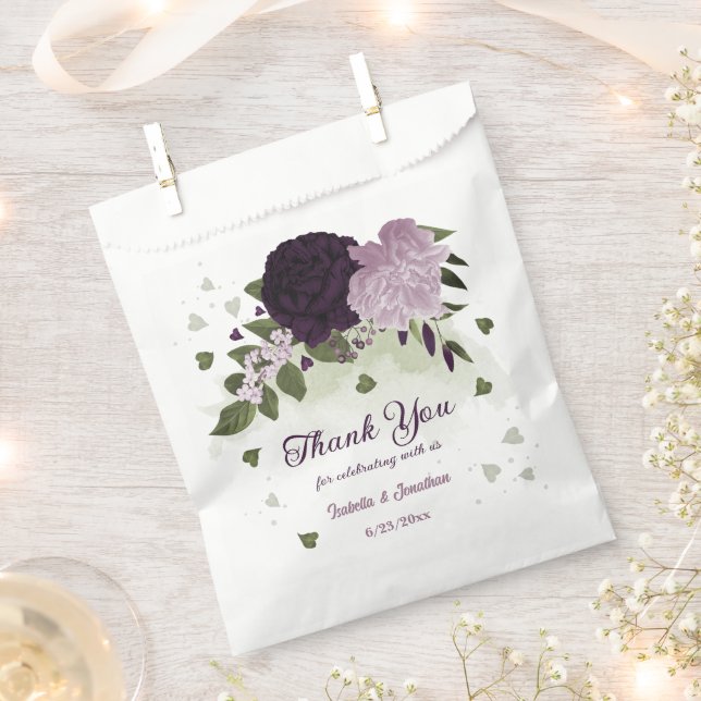 Sacolinha flores roxas escuras & claras folhagens casamento (Cortado)