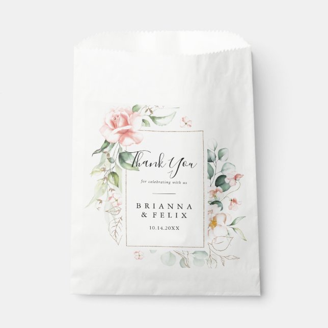 Sacolinha Folhagem Verde Geométrica Dourada Obrigado Casamen (Frente)