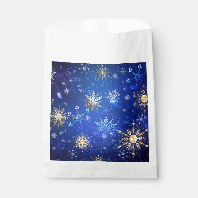 Sacolinha Fundo Azul XMAS com Flocos de Neve Ouro (Frente)