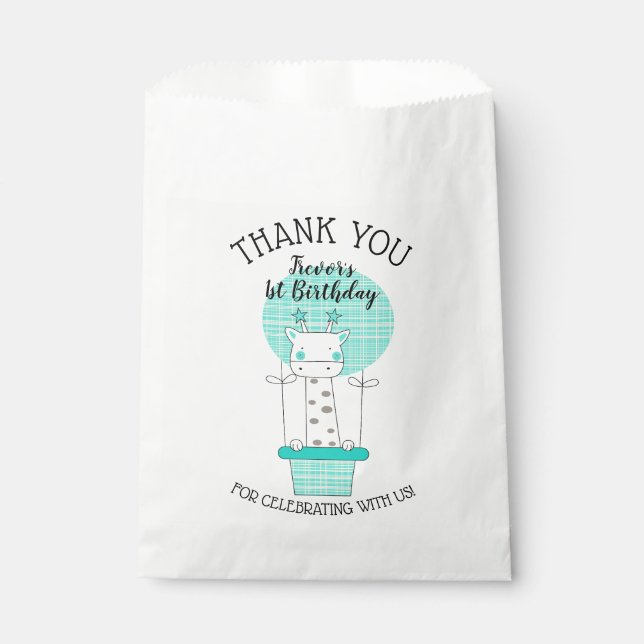 Sacolinha Girafa no Balão de Ar Quente Amarelo Azul Obrigado (Frente)