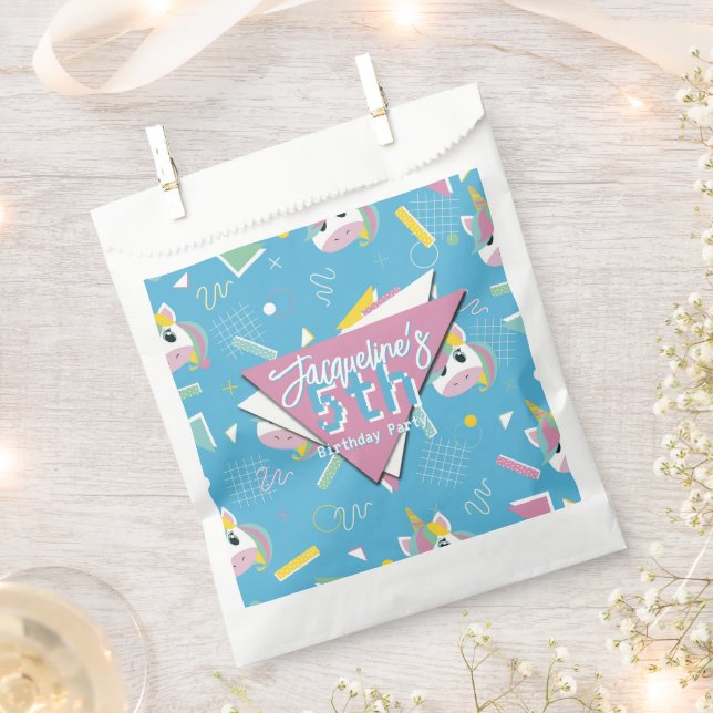 Sacolinha Girls Retro Blue Unicorn Birthday (Cortado)