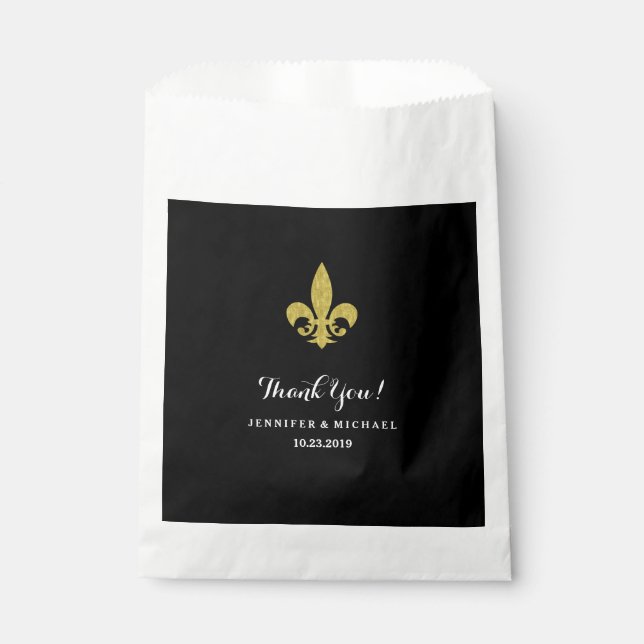 Sacolinha Glam Dourado Fleur de Lis para Casamento em Preto (Frente)