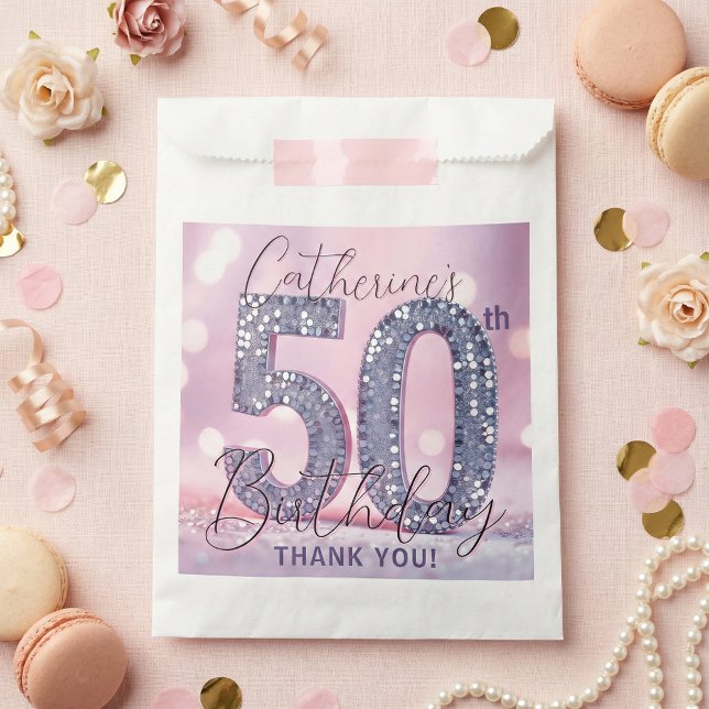 Sacolinha Glam Pink Silver Glitter 50th Birthday Thank You (Criador carregado)