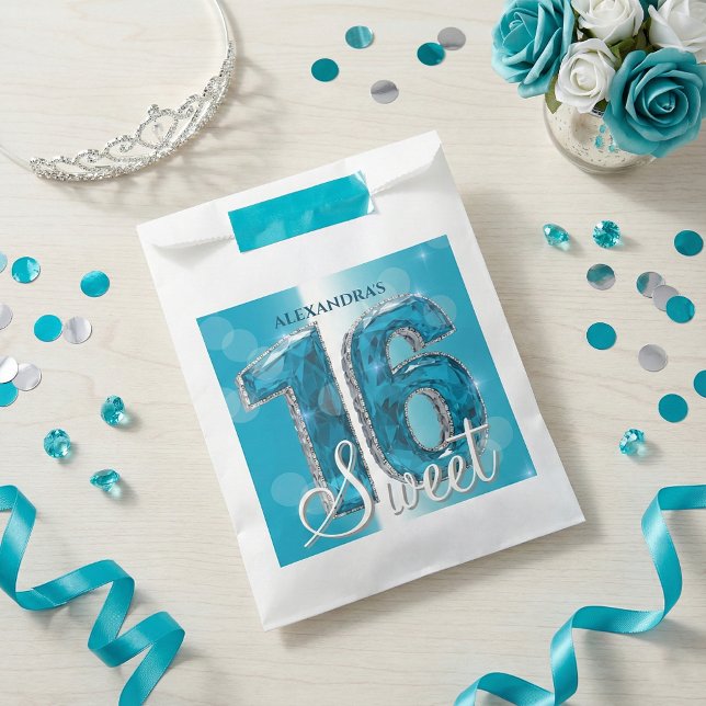 Sacolinha Glam Teal Blue Diamonds Sweet 16 Birthday Party (Criador carregado)