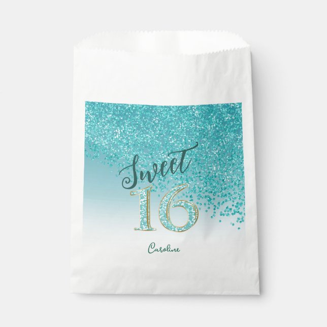Sacolinha Glam Teal Blue Glitter Sweet 16 Aniversário (Frente)