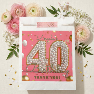 Sacolinha Glamorous Pink Pearl Gold 40th Birthday Thank You