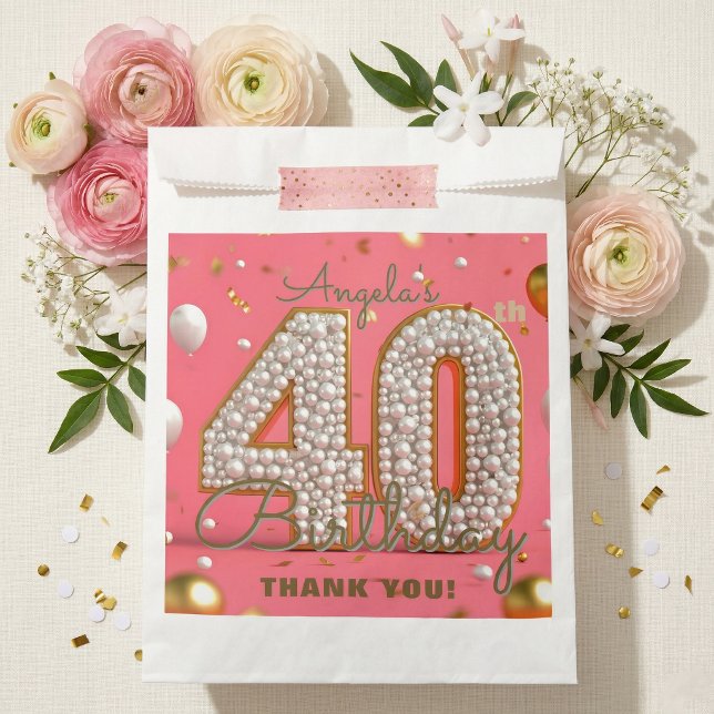 Sacolinha Glamorous Pink Pearl Gold 40th Birthday Thank You (Criador carregado)