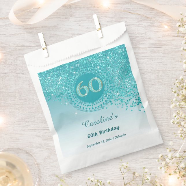 Sacolinha Glitter Azul Chic Teal, Frame Dotted 60º Aniversár (Cortado)