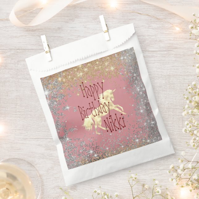 Sacolinha Glittery Dourado Unicorn Birthday Personalizado (Cortado)