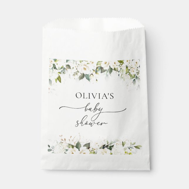 Sacolinha Greenery White Roses Chá de fraldas Favor Bag (Frente)