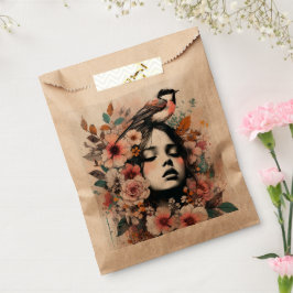Sacolinha Ilustração de Mulher Charme e Pássaro com Floral