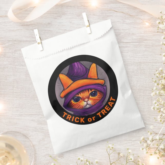 Sacolinha Laranja Gato Roxo de Bruxa Trick Treat Halloween (Cortado)