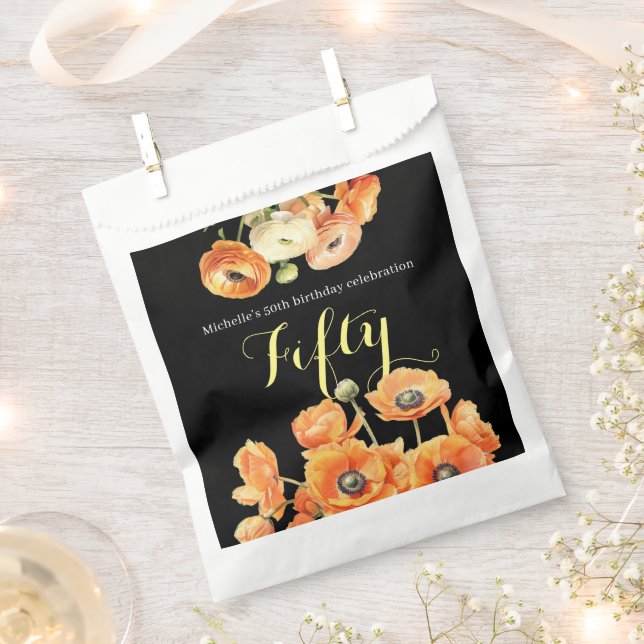 Sacolinha Laranja Preto Elegante Floral 50ª Festa de anivers (Cortado)