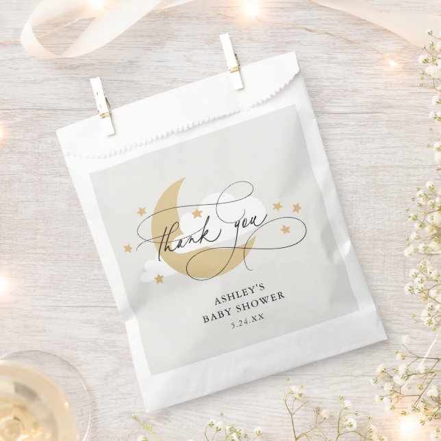 Sacolinha Lua e estrelas Cinza Script Chá de fraldas Obrigad (Cortado)