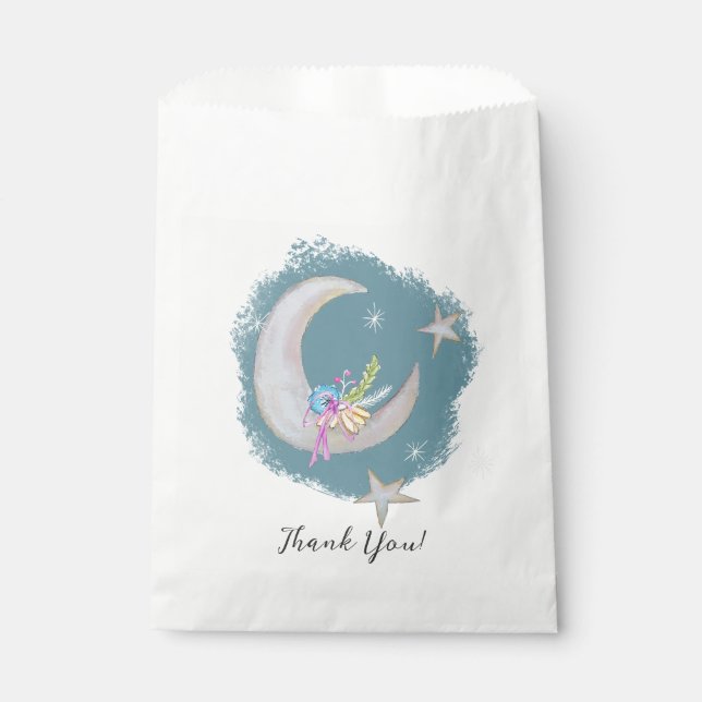 Sacolinha Lua Stars Flores Azul Teal Obrigado Chá de fraldas (Frente)