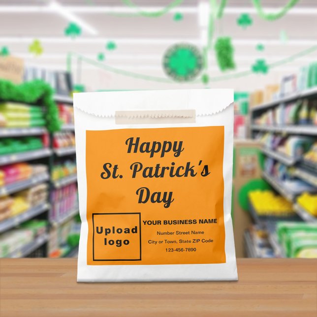 Sacolinha Marca Laranja, Rua, Dia de Patrick, (Orange business brand with St. Patrick's Day greeting on paper bag)