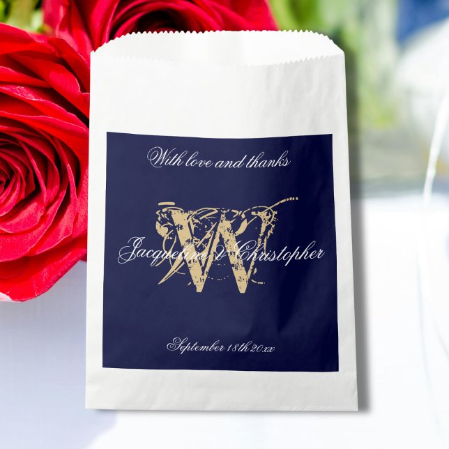 Sacolinha Marinho Dourado Monograma Branco +Nomes Obrigado C (Navy, Gold and White, Monogram plus Bride and Groom Names "With Love and Thanks" Wedding Favor Bag.)