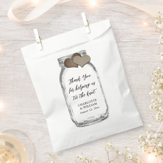 Sacolinha Mason Jar Country Burlap Hearts Obrigado Casamento (Cortado)