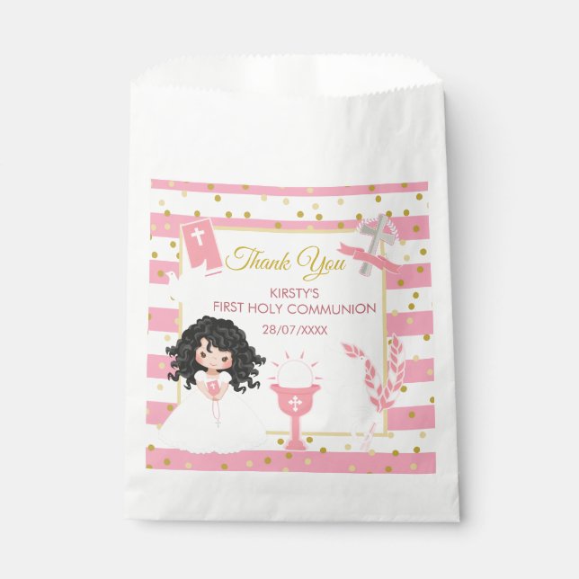 Sacolinha Menina de Cabelo Preto com Faixa Rosa Primeira Com (Frente)