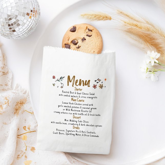 Sacolinha Menu de Casamento Manuscrito com Decor Funky Whims (Wedding Menu Bag filled with fresh bread, cookies or napkin, utensils)
