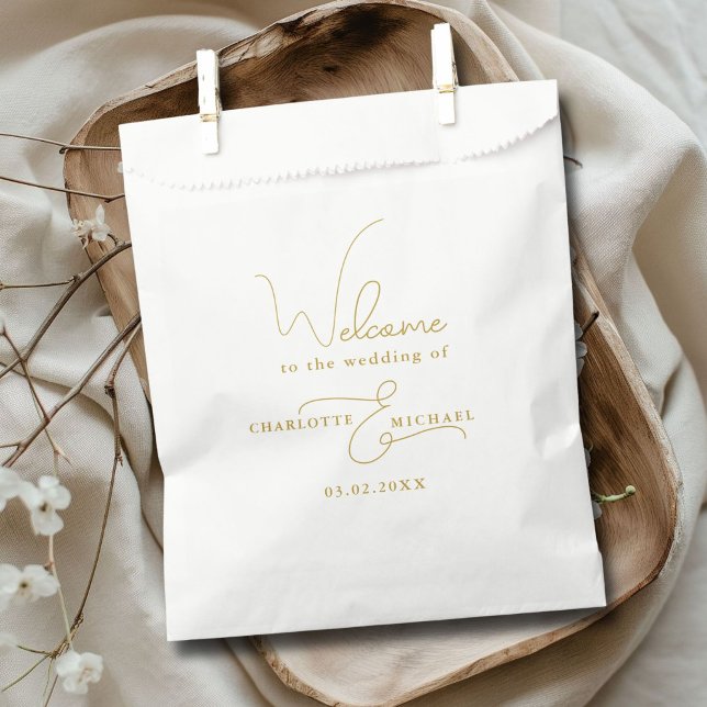 Sacolinha Minimalista moderno (Minimal modern wedding favor bag with your name and date.)
