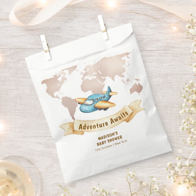 Sacolinha Modern Adventure World Map Airplane Baby Shower  (Cortado)