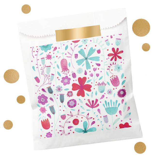 Sacolinha Modern Floral Watercolor (Modern floral pink, purple and aqua party favor bags)