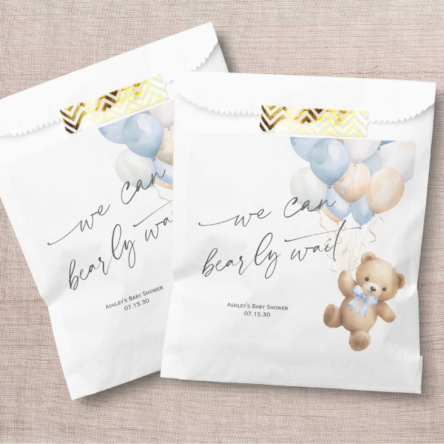 Sacolinha Moderno, podemos esperar Chá Azul (Blue We Can Bearly Wait, baby Boy SHower Favor Bag.)